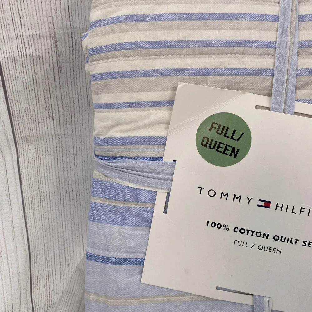 Tommy Hilfiger Quilt Set Full Queen Blue Bold Stripe Textured 100% Cotton Preppy